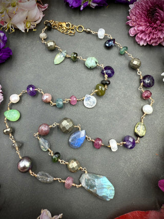 Gemstone Luxe Mix Wire Wrap Neclace- Gold 22"- 24"