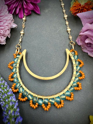 Beaded Crescent Necklace- Aqua Orange