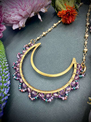 Beaded Crescent Necklace- Purple