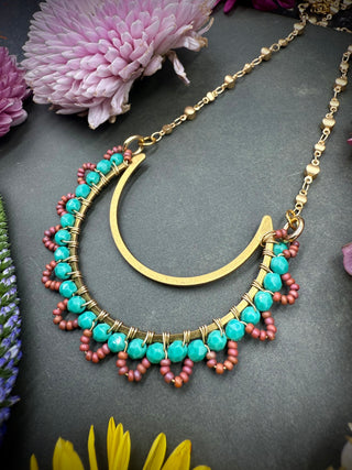Beaded Crescent Necklace- Teal Rust
