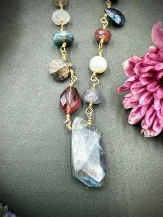 Gemstone Luxe Mix Wire Wrap Neclace- Gold 21"- 23"