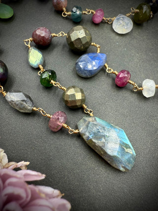 Gemstone Luxe Mix Wire Wrap Neclace- Gold 22"- 24"