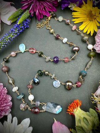 Gemstone Luxe Mix Wire Wrap Neclace- Gold 21"- 23"